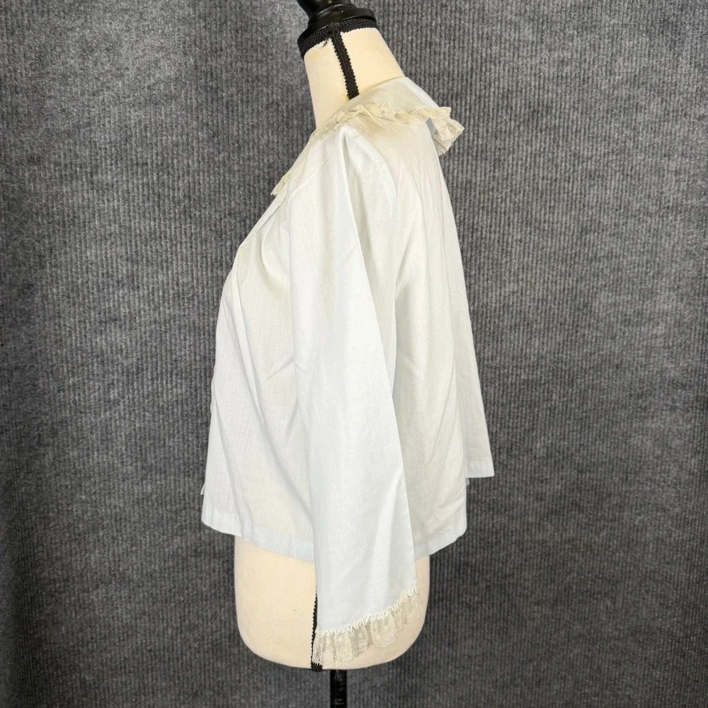 VTG 50s 60s Bed Jacket Sz M Blue Lace Trim Peter Pan Collar Embroidered Coquette